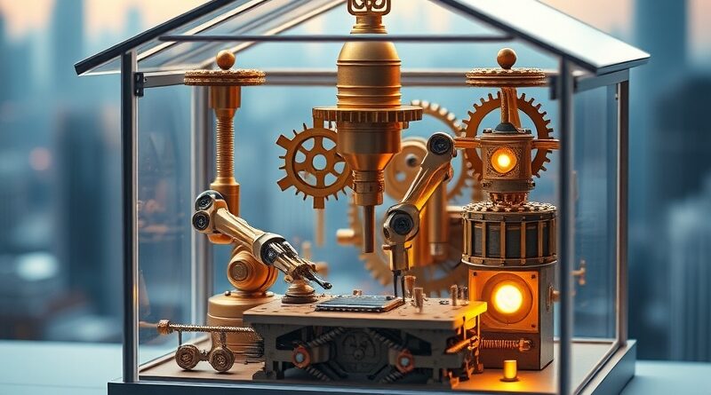 Steampunkowa miniatura fabryki w psiej budzie, złożona z mosiężnych przekładni i ramion robotycznych. Mikrofabryka.