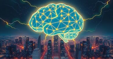 Stylizowana, świecąca sieć neuronowa w kształcie mózgu nad miastem. Błyskawice łączą serwery, symbol AI i innowacji.