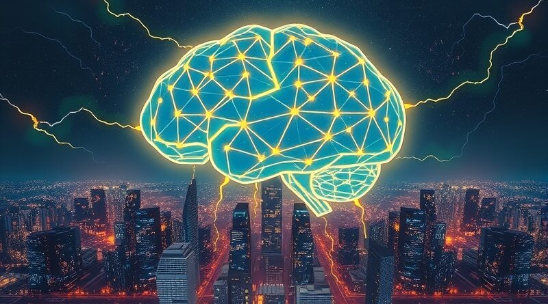 Stylizowana, świecąca sieć neuronowa w kształcie mózgu nad miastem. Błyskawice łączą serwery, symbol AI i innowacji.