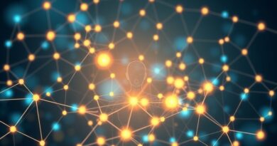 Abstrakcyjna sieć neuronowa w odcieniach błękitu i złota, symbolizująca ewolucję AI i interakcję użytkownika.