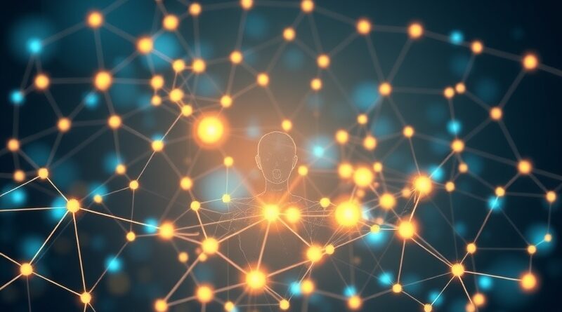 Abstrakcyjna sieć neuronowa w odcieniach błękitu i złota, symbolizująca ewolucję AI i interakcję użytkownika.