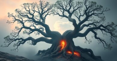 Dwa monumentalne drzewa-korporacje czerpią energię AI. Jeden rozgałęzia się samodzielnie, drugi kieruje pędy ku chmurze AI.