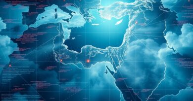 Zglitchowana mapa Bliskiego Wschodu na cyfrowym krajobrazie chmury, sugerująca nadzór technologiczny i napięcia geopolityczne.