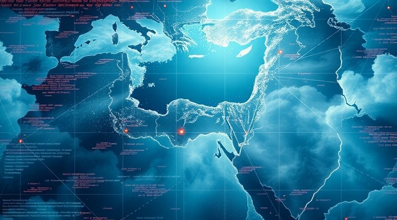 Zglitchowana mapa Bliskiego Wschodu na cyfrowym krajobrazie chmury, sugerująca nadzór technologiczny i napięcia geopolityczne.