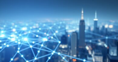 Abstrakcyjna sieć danych w minimalistycznym mieście, niebiesko-białe ścieżki, symbole chmur i koszyków. Ilustracja ulepszonego wyszukiwania w Copilocie.