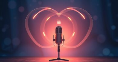 Mikrofon w studiu nagraniowym, fale dźwiękowe, avatar i ikona kłódki symbolizują głosowy Copilot z prywatnością.