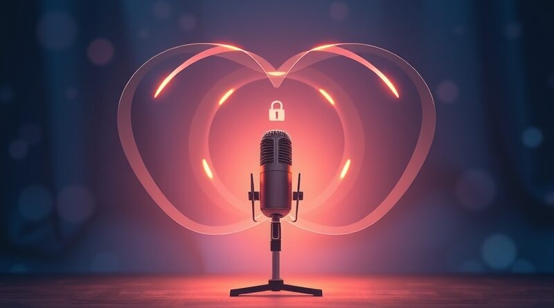 Mikrofon w studiu nagraniowym, fale dźwiękowe, avatar i ikona kłódki symbolizują głosowy Copilot z prywatnością.