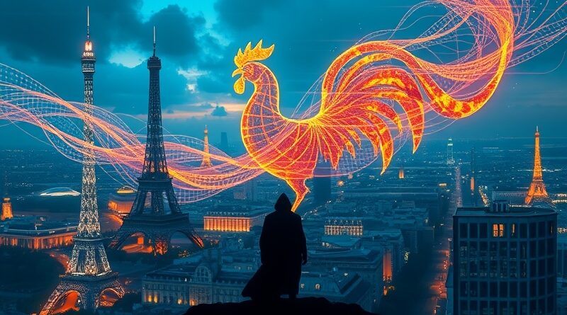 Futurystyczny Paryż spowity wiatrem Mistral, formującym kształt koguta, symbol ambicji Mistral AI.