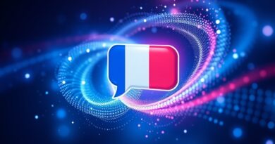 Abstrakcyjna nebula kodu w barwach Francji formująca dymek czatu, symbol personalizacji AI Le Chat.