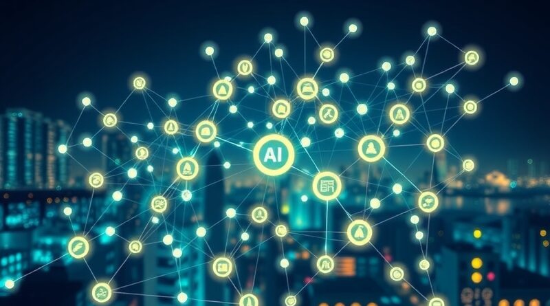 Sieć agentów AI wspierających biznes, symbolizująca pakiet narzędzi Motion dla MŚP. Nowoczesność, technologia, rozwój.