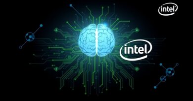 Zielony obwód NVIDIA łączy się z niebieskim planem Intel, symbolizując sojusz AI.