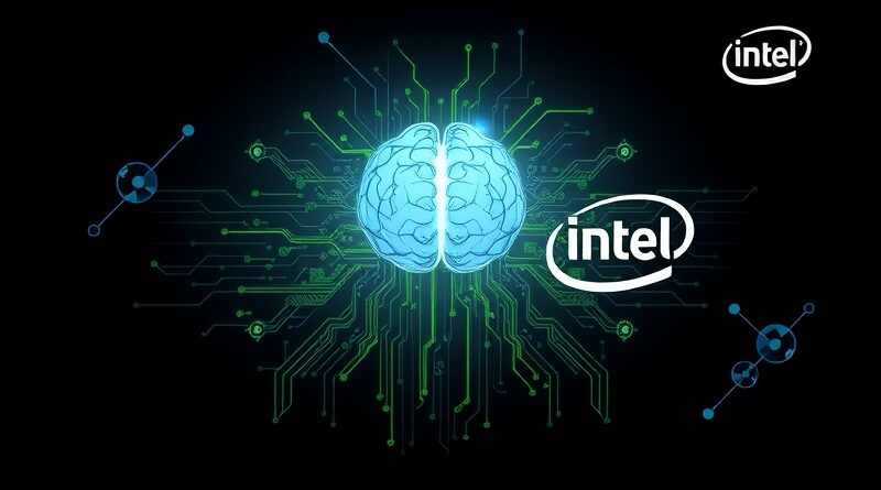 Zielony obwód NVIDIA łączy się z niebieskim planem Intel, symbolizując sojusz AI.