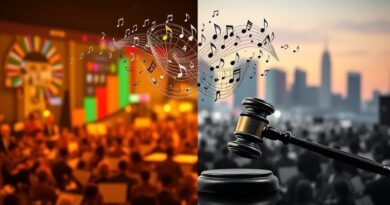 Abstrakcyjna orkiestra binarna pod batutą grawera; prawa autorskie kontra AI, kreatywność kontra technologia.