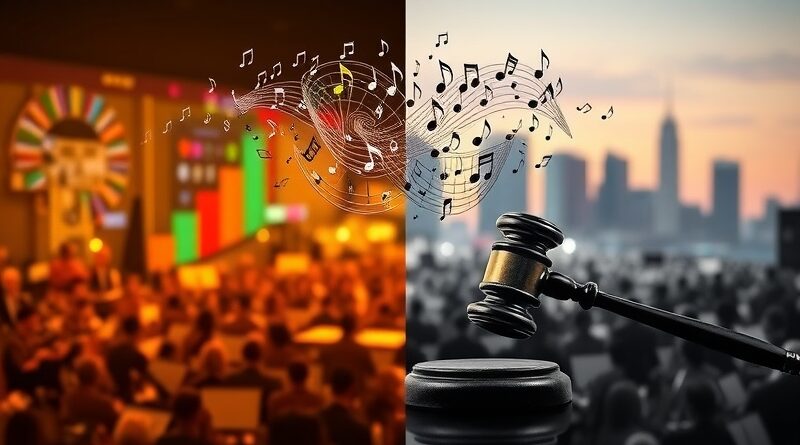 Abstrakcyjna orkiestra binarna pod batutą grawera; prawa autorskie kontra AI, kreatywność kontra technologia.