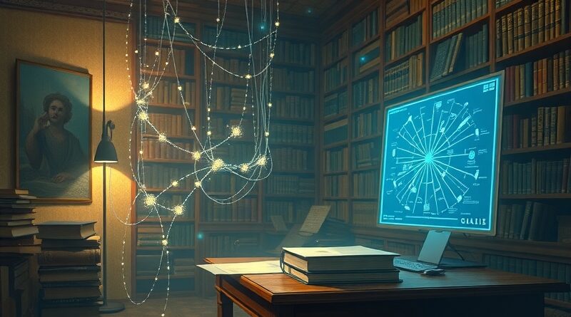 Eteryczna biblioteka kodu z NotebookLM: połączone wiedza, historia czatu jak konstelacje, głębokie błękity i złoto.
