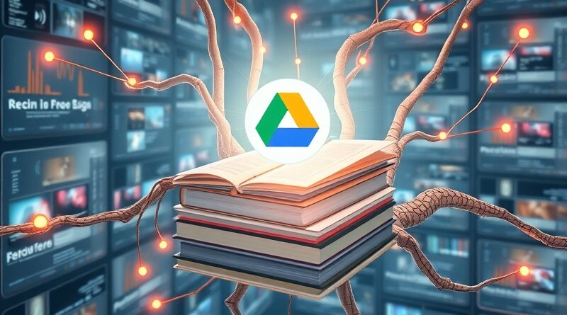 Świecąca sieć neuronowa w cyfrowej bibliotece łączy się z pływającym notatnikiem, symbolem NotebookLM. Dysk Google w tle.