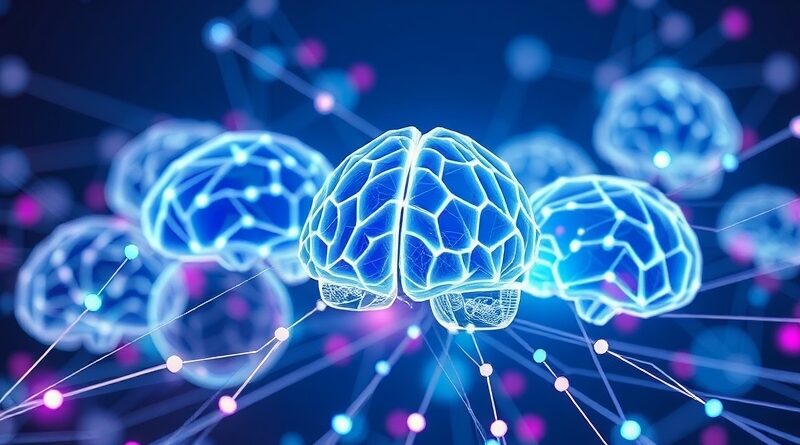 Abstrakcyjna sieć połączonych cyfrowych mózgów w odcieniach błękitu i fioletu, symbolizuje AI w Notion.