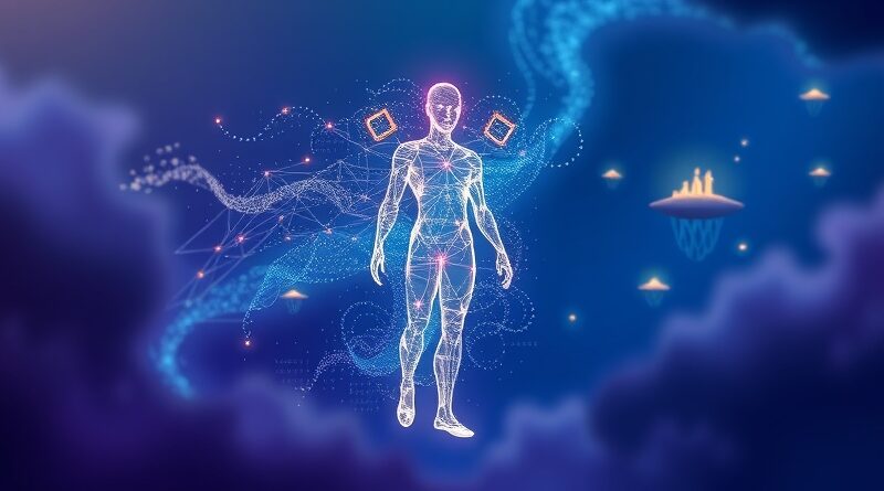 Eteryczna postać z danych symbolizuje spersonalizowanych agentów AI Notion. Przestrzeń cyfrowa, nowoczesny design.