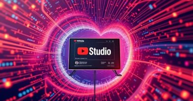 Abstrakcyjny wortex światła i kodu, symbolizujący połączenie twórców i YouTube Studio z funkcjami AI.