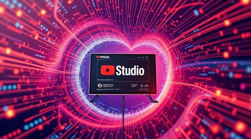 Abstrakcyjny wortex światła i kodu, symbolizujący połączenie twórców i YouTube Studio z funkcjami AI.