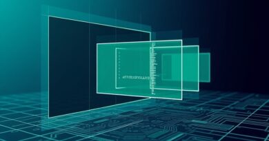 Abstrakcja 3D: połączenie klatek wideo, siatki szkieletowej i obwodu drukowanego w błękitno-zielonej tonacji.