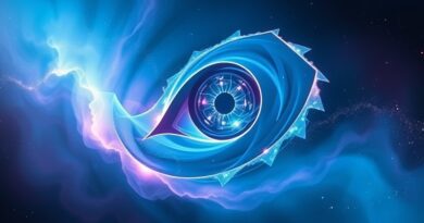 Abstrakcyjna nebula w odcieniach błękitu i fioletu z elementami chipów Nvidia tworząca oko OpenAI.