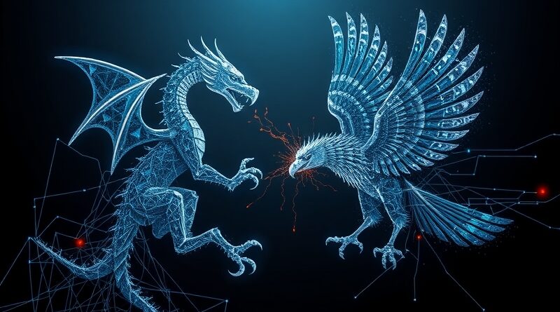 Cyfrowy smok z mikrochipów kontra orzeł, iskrzenie, napięcie między USA a Chinami w sporze o chipy AI.