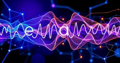 Fal dźwiękowe przekształcające się w tekst poprzez podświetlone, połączone ścieżki neuronowe w kolorach niebieskim, fioletowym i złotym.