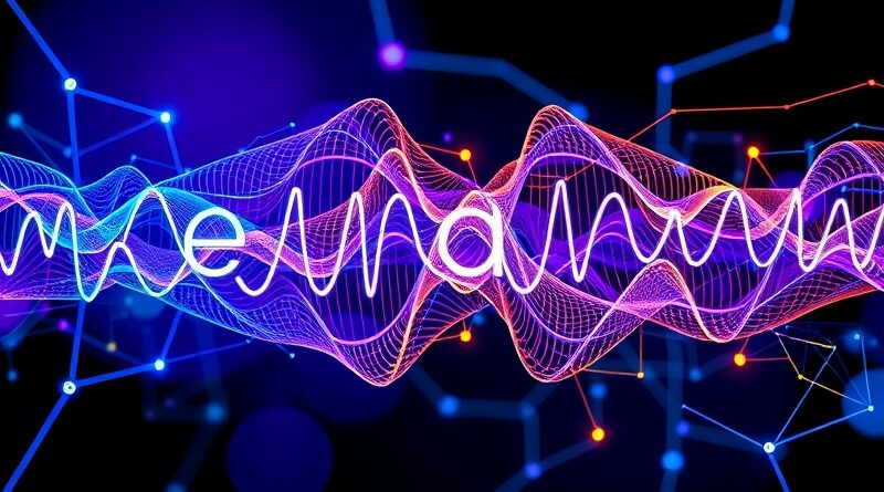 Fal dźwiękowe przekształcające się w tekst poprzez podświetlone, połączone ścieżki neuronowe w kolorach niebieskim, fioletowym i złotym.