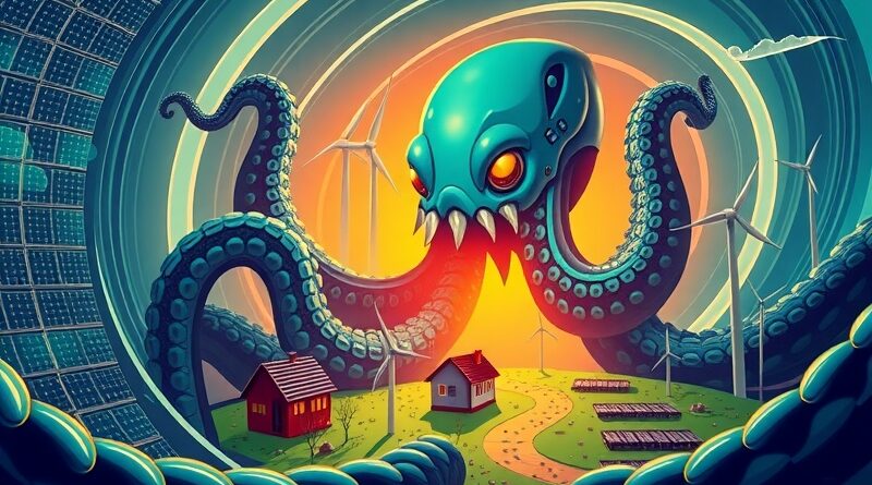 Stylizowany Kraken z mackami z elektrowni słonecznych i wiatrowych chwyta inteligentne domy w krajobrazie płyty głównej; symbol Krakena.
