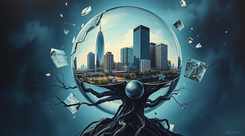 Roztrzaskana szklana kula odbija Silicon Valley. Korzenie drzewa chwytają fragmenty. Metafora sukcesu OpenAI.