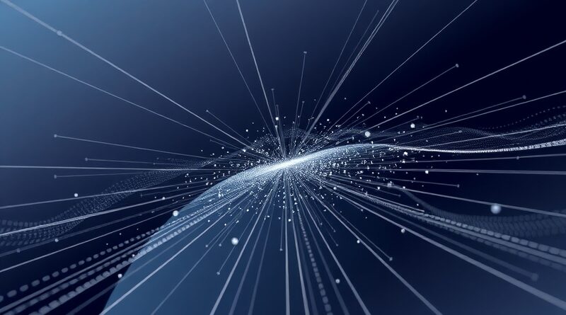 Abstrakcyjna wizualizacja osadzania wektorowego: zbieżność danych, ograniczenia systemów Retrieval-Augmented Generation (RAG).