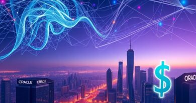 Iridescentna sieć neuronowa nad futurystycznym miastem Oracle. Symbol dolara i zieleni, energia i finanse.