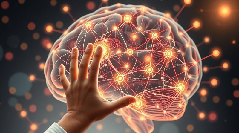 Abstrakcyjny mózg AI z siecią neuronową dotykany ręką dziecka, nałożony na interfejs kontroli rodzicielskiej.