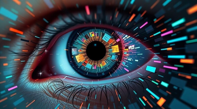 Surrealistyczne oko powstałe z danych i klipów wideo, odzwierciedlające cyfrowy krajobraz. Sora 2.