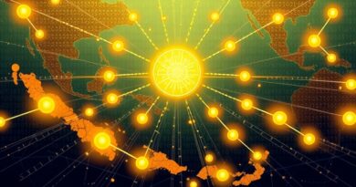 Połączone indonezyjskie wyspy jako sieć neuronowa, centralny rdzeń AI symbolizuje szerszy dostęp do ChatGPT Go.