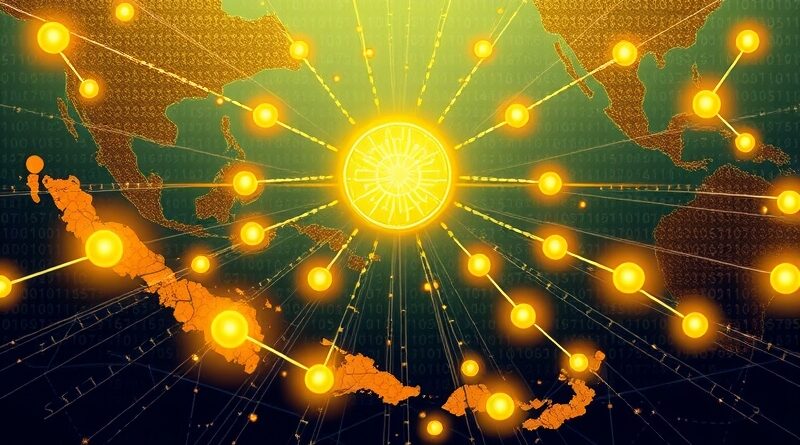 Połączone indonezyjskie wyspy jako sieć neuronowa, centralny rdzeń AI symbolizuje szerszy dostęp do ChatGPT Go.