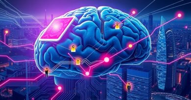 Cyfrowy mózg z obwodami i futurystycznym miastem w tle, symbol rekrutacji opartej na AI.
