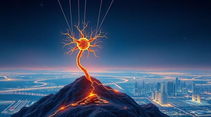 Pojedynczy neuron na górze złotych monet, połączony linkami z korporacjami nad cyfrowym krajobrazem e-commerce.