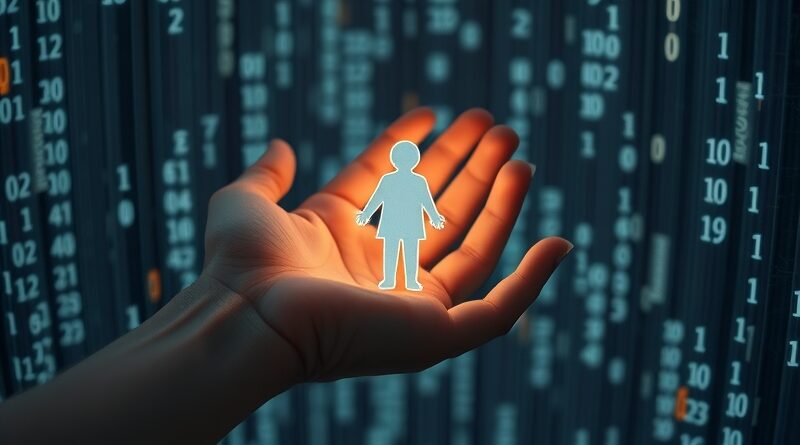 Ochronna dłoń osłania dziecko przed chaosem danych. Bezpieczeństwo młodych użytkowników ChatGPT.