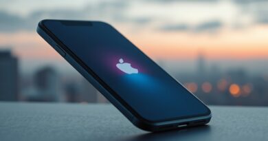 Minimalistyczny iPhone 17 z subtelną poświatą AI na ekranie, na tle rozmytego miasta.