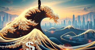 [ "Złota fala danych AI z logo Oracle, futurystyczne miasto, sylwetka Ellisona, oddalająca się sylwetka Muska." ]