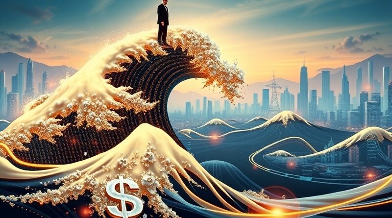 [ "Złota fala danych AI z logo Oracle, futurystyczne miasto, sylwetka Ellisona, oddalająca się sylwetka Muska." ]