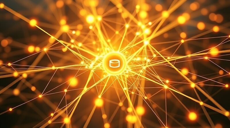 Złote nici danych spływają do logo Oracle, symbolizując finansowe transakcje i przyszłą emisję obligacji.