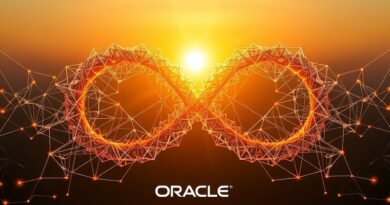 Abstrakcyjna wizja AI Oracle: splecione sieci neuronowe w formie helisy, skąpane w złotym świetle.