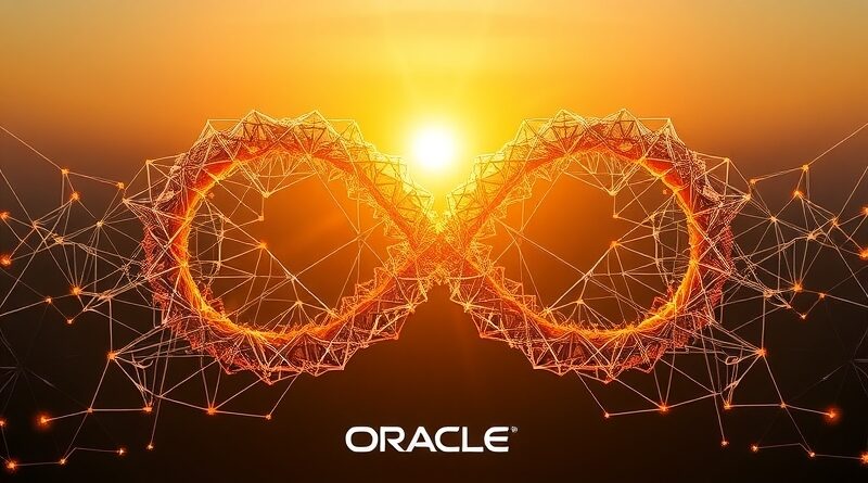 Abstrakcyjna wizja AI Oracle: splecione sieci neuronowe w formie helisy, skąpane w złotym świetle.