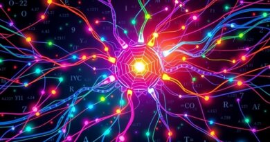 Równoległe ścieżki neuronowe w żywych kolorach zbiegają się w centralnym rdzeniu, symbolizując nowy paradygmat w skalowaniu modeli językowych.