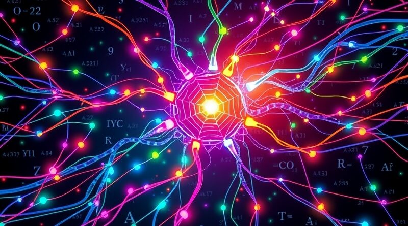 Równoległe ścieżki neuronowe w żywych kolorach zbiegają się w centralnym rdzeniu, symbolizując nowy paradygmat w skalowaniu modeli językowych.