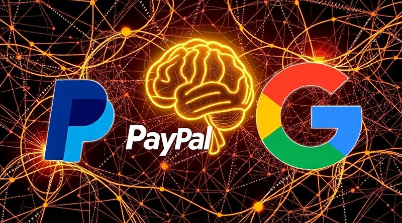 Tkanina cyfrowa z logo PayPal i Google, symbolizująca AI w handlu.