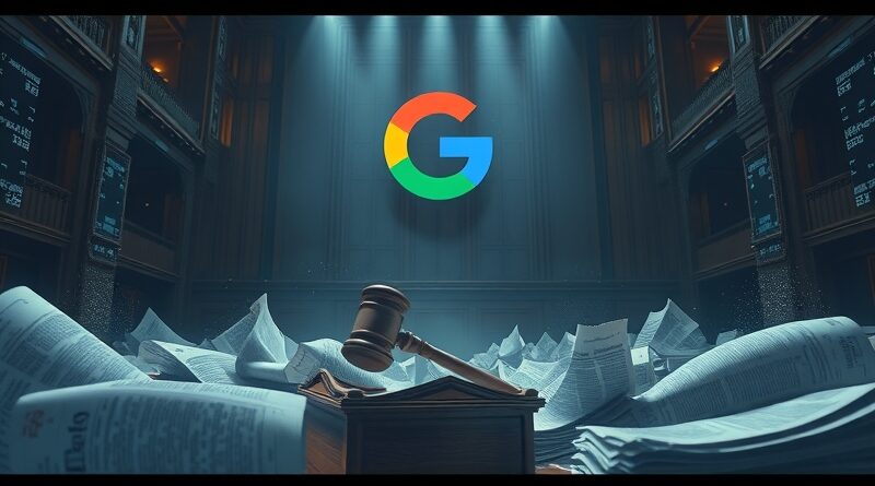 Sala sądowa spleciona z kodem i gazetami, logo Google. Konflikt AI i mediów w stylu Rutkowskiego.